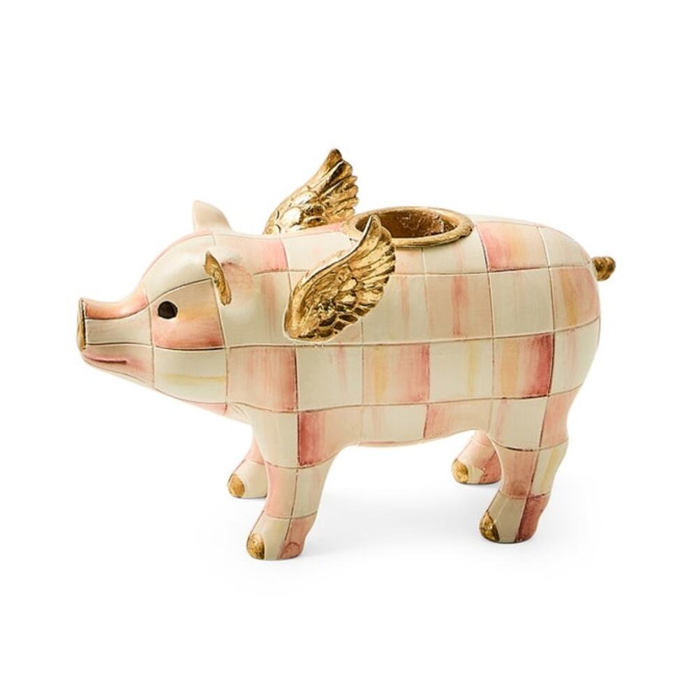 NEW Mackenzie-Childs Rosy Check Flying Pig Candle Holder